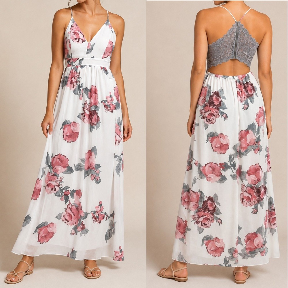 DAINTY HOOLIGAN Kiss Me More Floral Maxi Dress Womens M White Pink Lace Back